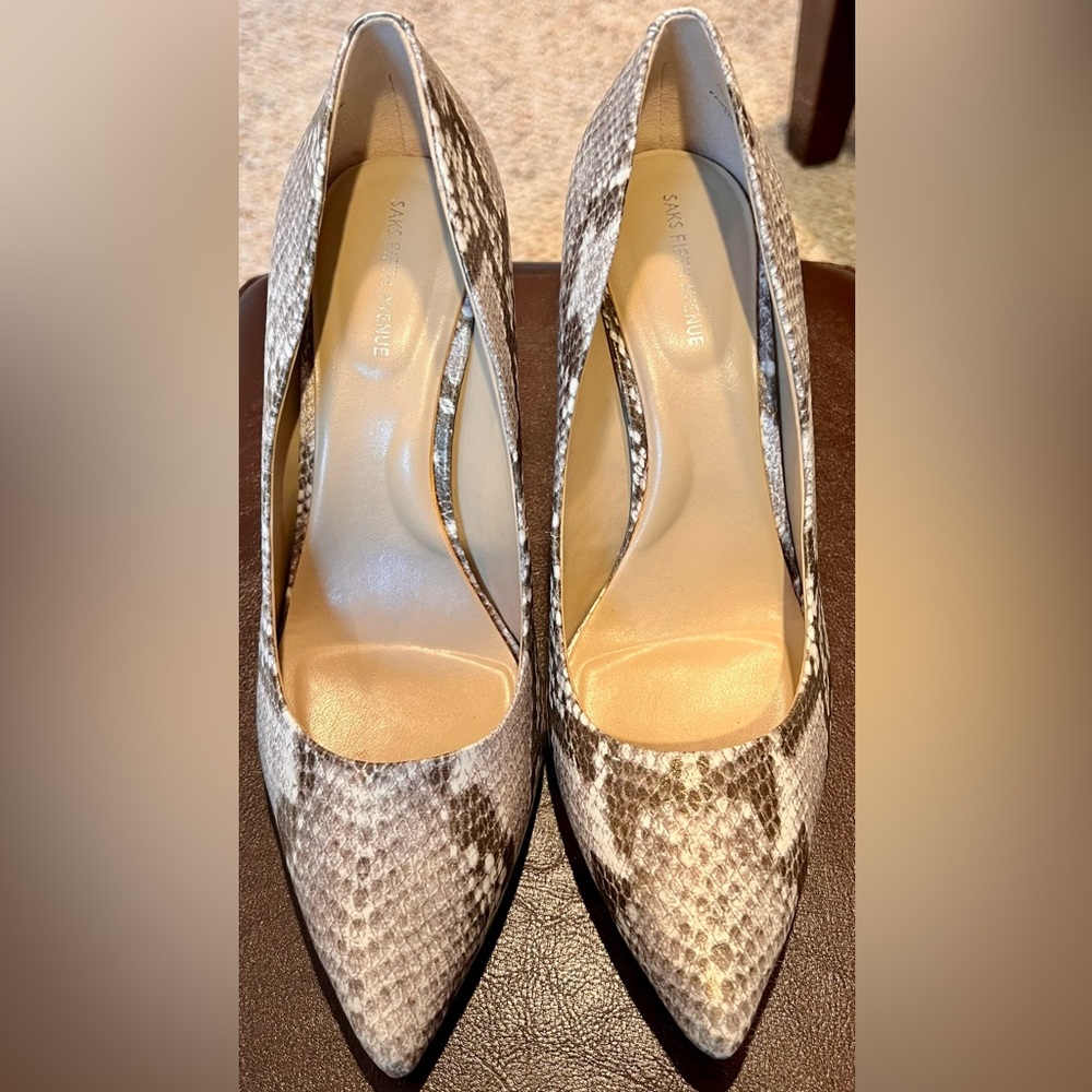 Saks Fifth Avenue Women Cady Snake Black Multi Print Leather Heels Pumps 7.5